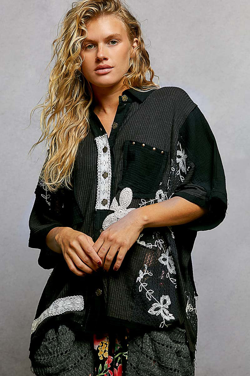 POL Mix N Match Patched Button Down Top in Black – June Adel