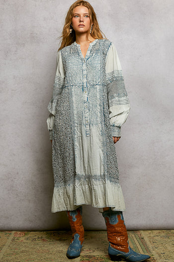 POL Patchwork Pintuck Maxi Dress in Denim Blue ON ORDER June Adel POL Patchwork Pintuck Maxi Dress in Denim Blue ON ORDER June Adel