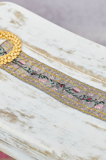 POL Mixed Floral Embroidery Belt in Grey