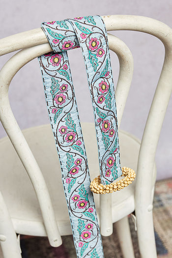 POL Multi Color Floral Embroidered Belt with Ticking Trim in Sky Blue