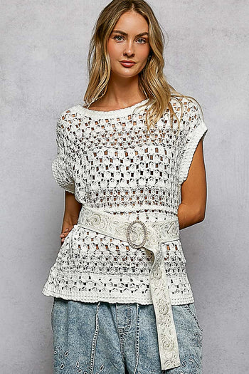 POL Floral Embroidered Lace Belt with Pearls in Ivory