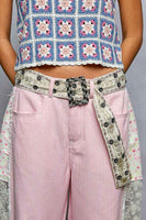 POL Mixed Embroidered Belt with Rhinestone Stud Details in Beige