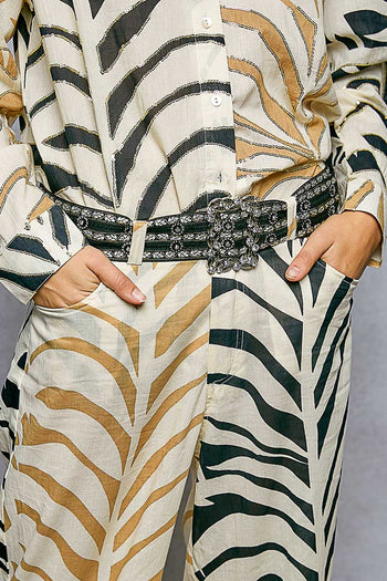 POL Leaf Embroidered and Braided Detailed Belt with Rhinestone Stud Details in Black