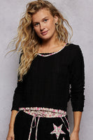 POL Textured Knit Top with Lace Details in Black