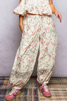 POL Double Gauze Printed Joggers with See Through Lace Details in Ivory Floral