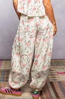 POL Double Gauze Printed Joggers with See Through Lace Details in Ivory Floral