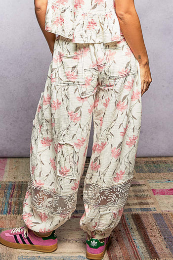 POL Double Gauze Printed Joggers with See Through Lace Details in Ivory Floral