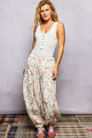 POL Double Gauze Printed Joggers with See Through Lace Details in Ivory Floral