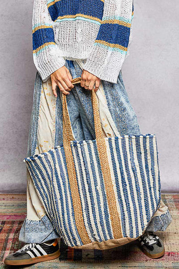 POL Multi Color Striped Weaved Tote with Jute Details in Ivory/Denim
