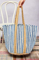 POL Multi Color Striped Weaved Tote with Jute Details in Ivory/Denim