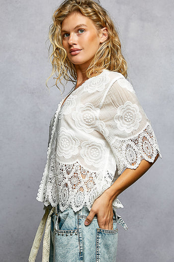POL Crochet Button-Front Top in Off White
