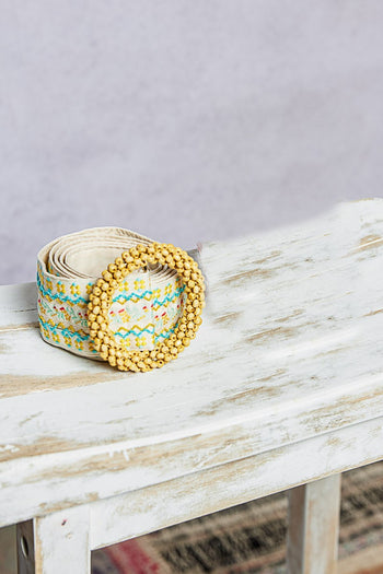 POL Mixed Embroidery Belt in Sky/Blue Yellow