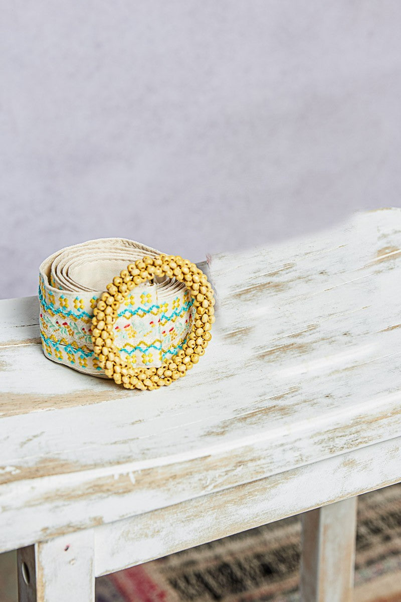 POL Mixed Embroidery Belt in Sky/Blue Yellow