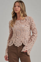 BON Chenille Knit Crochet Lace Sweater in Oatmeal
