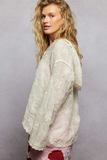 POL Boho Embroidered Linen Hoodie Top in Natural
