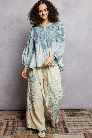 POL Vintage Washed Top with Embroidery Detail in Denim Blue