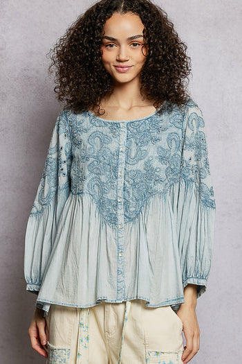 POL Vintage Washed Top with Embroidery Detail in Denim Blue
