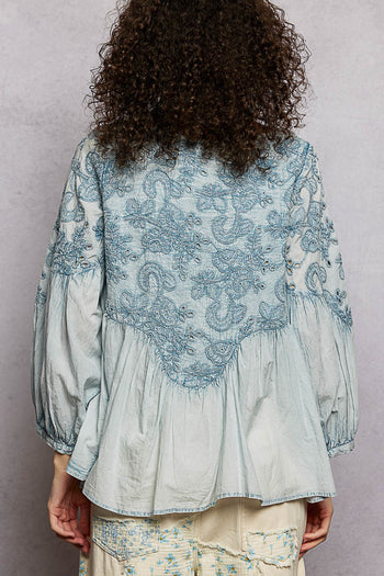 POL Vintage Washed Top with Embroidery Detail in Denim Blue