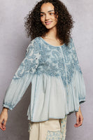 POL Vintage Washed Top with Embroidery Detail in Denim Blue