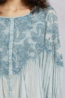 POL Vintage Washed Top with Embroidery Detail in Denim Blue