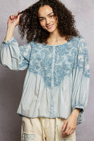 POL Vintage Washed Top with Embroidery Detail in Denim Blue