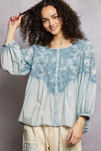 POL Vintage Washed Top with Embroidery Detail in Denim Blue