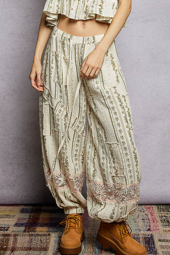 POL Double Gauze Printed Joggers with See Through Lace Details in Natural Floral