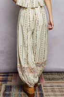 POL Double Gauze Printed Joggers with See Through Lace Details in Natural Floral