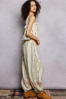 POL Double Gauze Printed Joggers with See Through Lace Details in Natural Floral