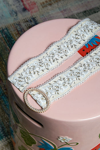 POL Floral Embroidered Belt with Lace Trim in Pistachio