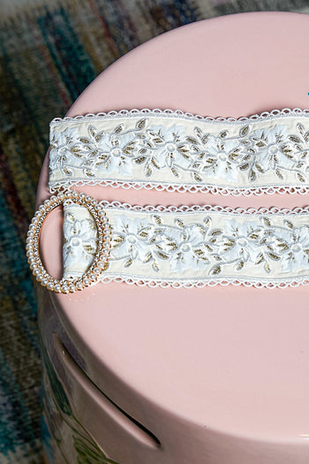 POL Floral Embroidered Belt with Lace Trim in Pistachio