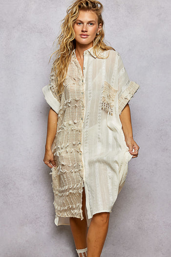POL Textured Cotton Shirt Dress in Natural