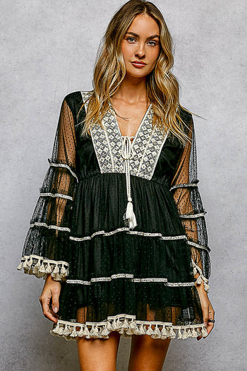 POL Fringe and Tassel Embroidered Mini Flare Dress in Black