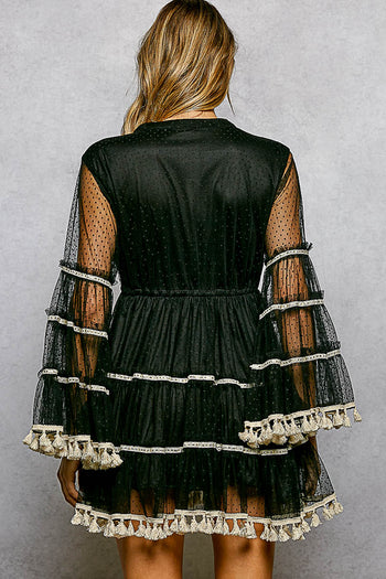 POL Fringe and Tassel Embroidered Mini Flare Dress in Black – June Adel