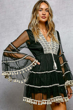 Load image into Gallery viewer, POL Fringe and Tassel Embroidered Mini Flare Dress in Black ON ORDER
