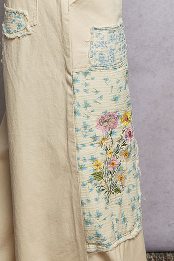 POL Denim Pants with Mixed Patches and Embroidery Detail in Natural Multi
