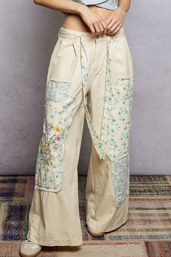 POL Denim Pants with Mixed Patches and Embroidery Detail in Natural Multi