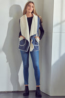 E Luna Open Front Faux Suede Vest in Navy Blue
