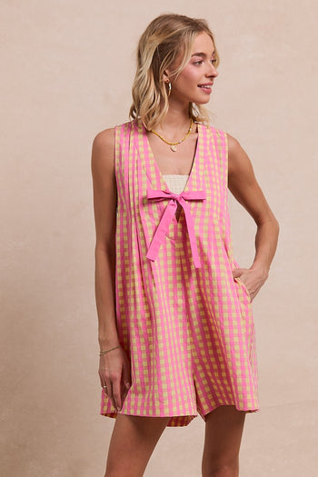 BiBi Contrasting Color Gingham Print Romper in Pink