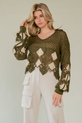 Davi & Dani Open Knit Crochet CROPPED Sweater in Olive