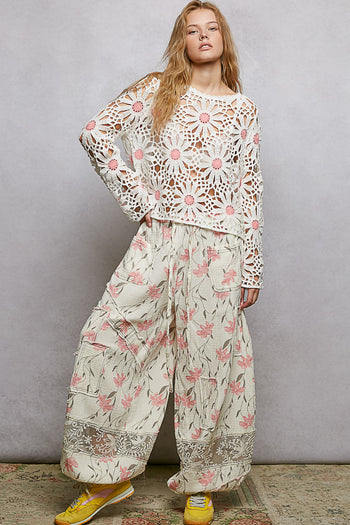 POL Double Gauze Printed Joggers with See Through Lace Details in Ivory Floral