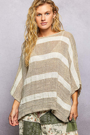 POL Striped Linen Blend Top in Mocha Multi