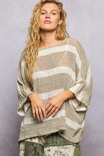 POL Striped Linen Blend Top in Mocha Multi