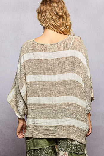 POL Striped Linen Blend Top in Mocha Multi