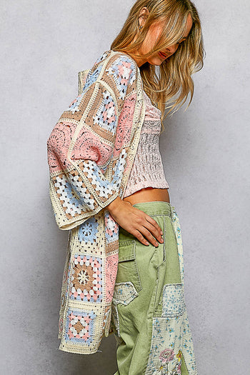 POL Open Front Crochet Granny Square Cardigan in Pink Multi