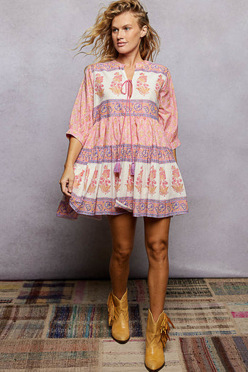 POL Floral Border Tiered Mini Dress in Pink Multi