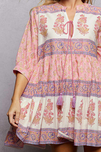 POL Floral Border Tiered Mini Dress in Pink Multi