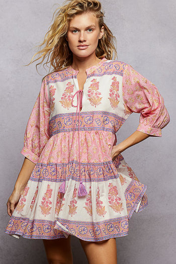 POL Floral Border Tiered Mini Dress in Pink Multi