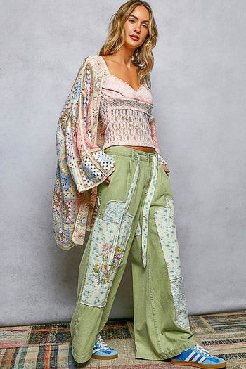 POL Open Front Crochet Granny Square Cardigan in Pink Multi