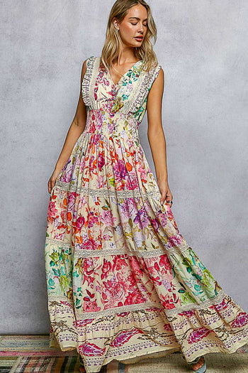 POL Smocked Floral Maxi Dress in Cream Multi